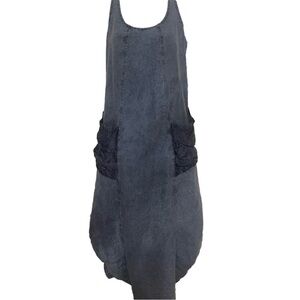 Luna Luz Lagenlook Sleeveless Pocket Washed Linen Dress